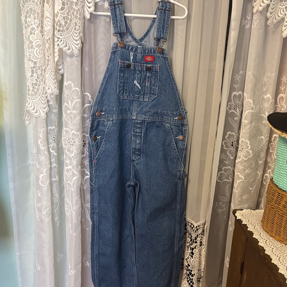 Dickies Blue Denim Overalls with Red Logo Patch Sz M
